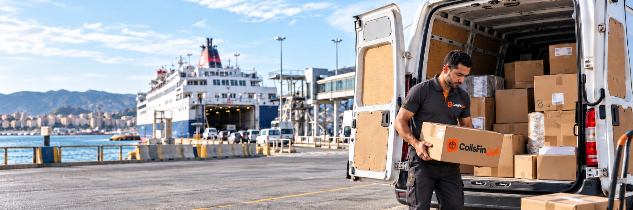 Chargement de colis dans un fourgon devant un terminal maritime